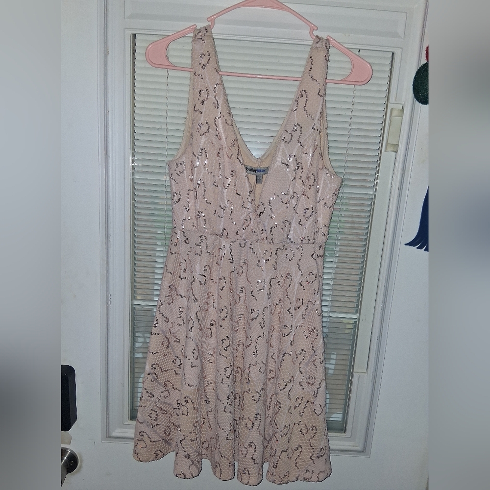Bailey Blue V Neck Light Pink/Beige Gold Sequin Dress Large - Picture 4 of 8